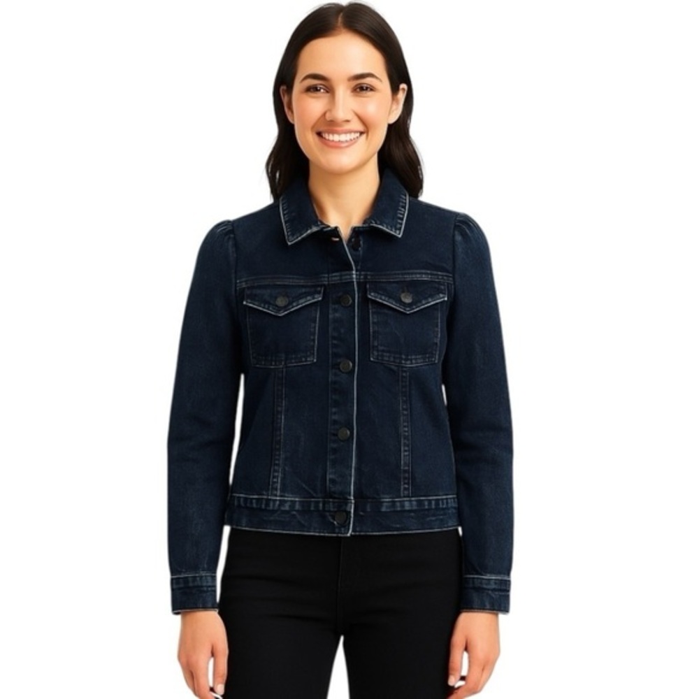 La Vie Rebecca Taylor Shirred Shouder Cropped Denim Jacket in Dark Blue size XS